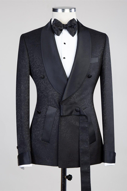 Black Shawl Lapel Double-Breasted Jacquard Wedding Suit