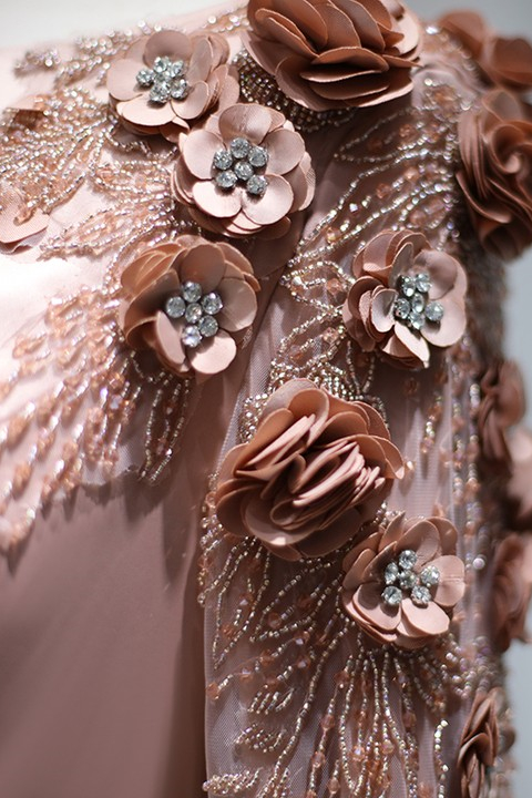 A Line Bateau Formal Dress Long Sleeves Sweep With Flower Appliques