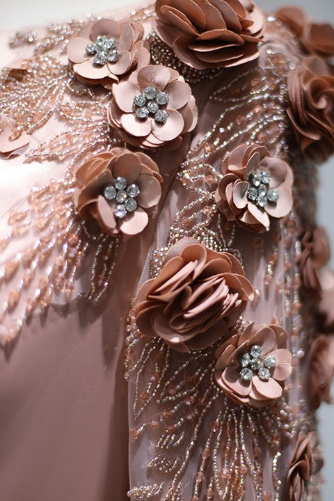 A Line Bateau Formal Dress Long Sleeves Sweep With Flower Appliques