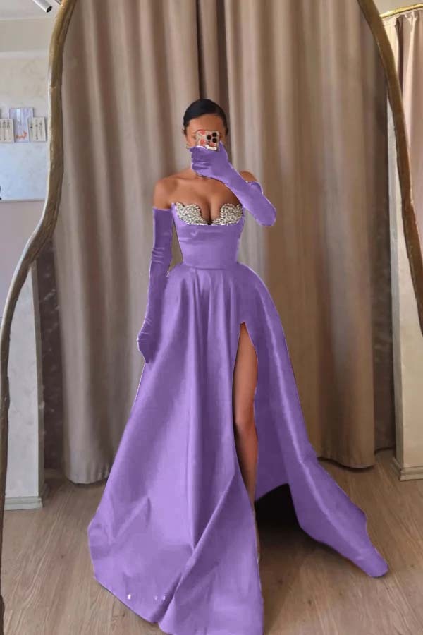 Strapless Sleeveless Long Split Formal Dress With Beading Long Gloves