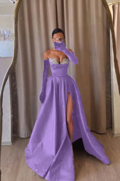 Strapless Sleeveless Long Split Formal Dress With Beading Long Gloves