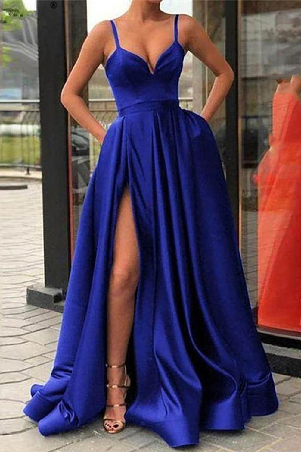 Black Long A-Line Prom Dress with Spaghetti Straps and Slit