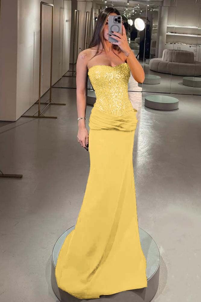 Strapless Sleeveless Long Mermaid Formal Dress With Pleated Sequins