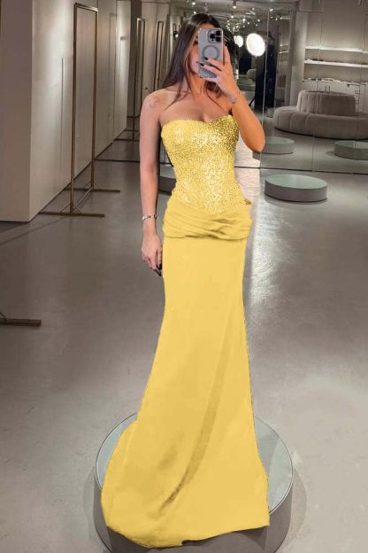 Strapless Sleeveless Long Mermaid Formal Dress With Pleated Sequins