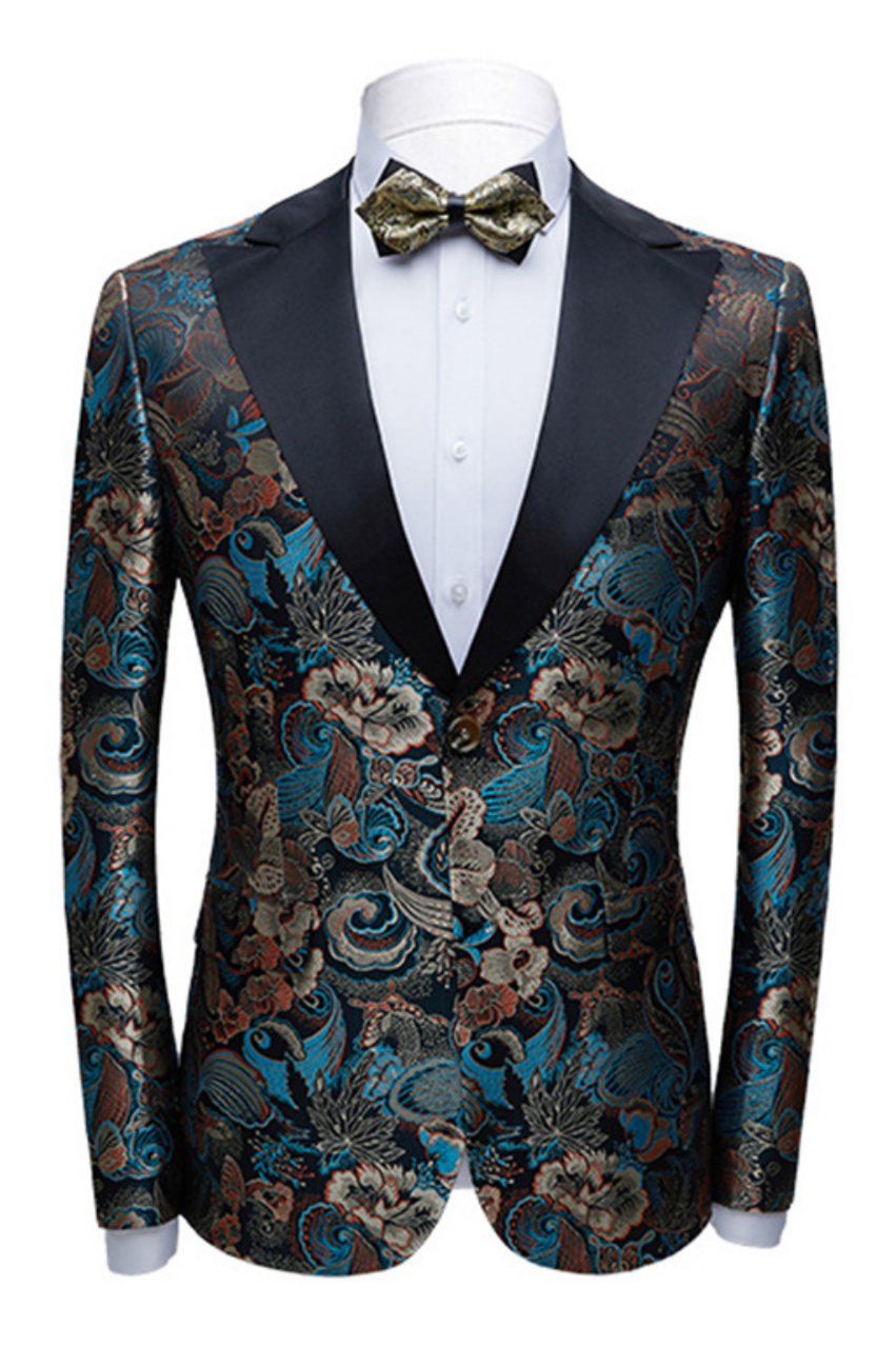 Advanced Black Peak Lapel Wedding Suit with Floral Jacquard