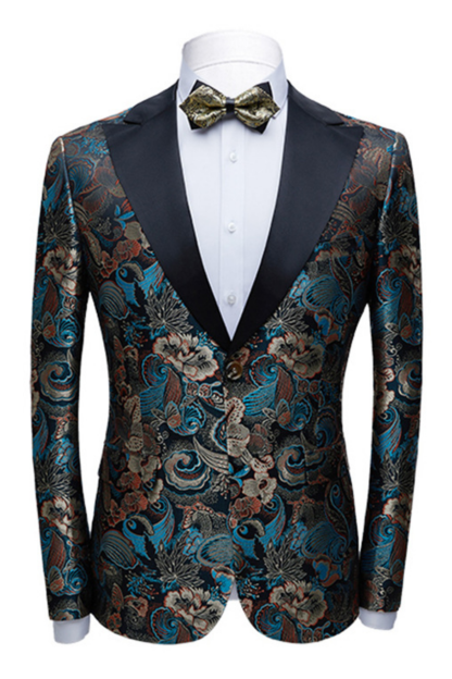 Advanced Black Peak Lapel Wedding Suit with Floral Jacquard