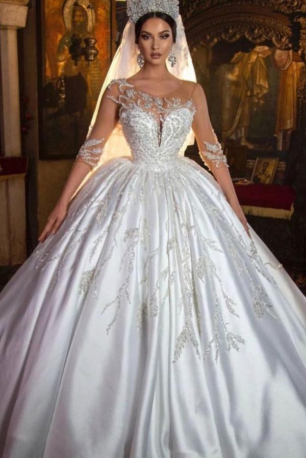 Beautiful Satin Long Princess Sweetheart Wedding Dress with Sleeves