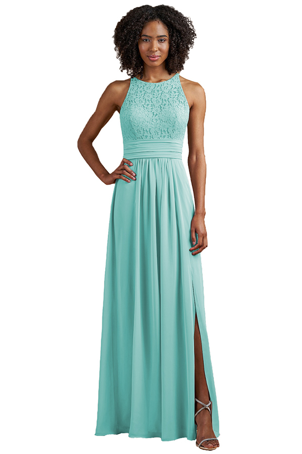 Sleeveless Halter Lace Bridesmaid Dress with Split