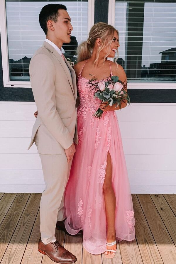 Beautiful Slit Pink Tulle Spaghetti Strap Backless Ball Gown Prom Dress Long With Appliques