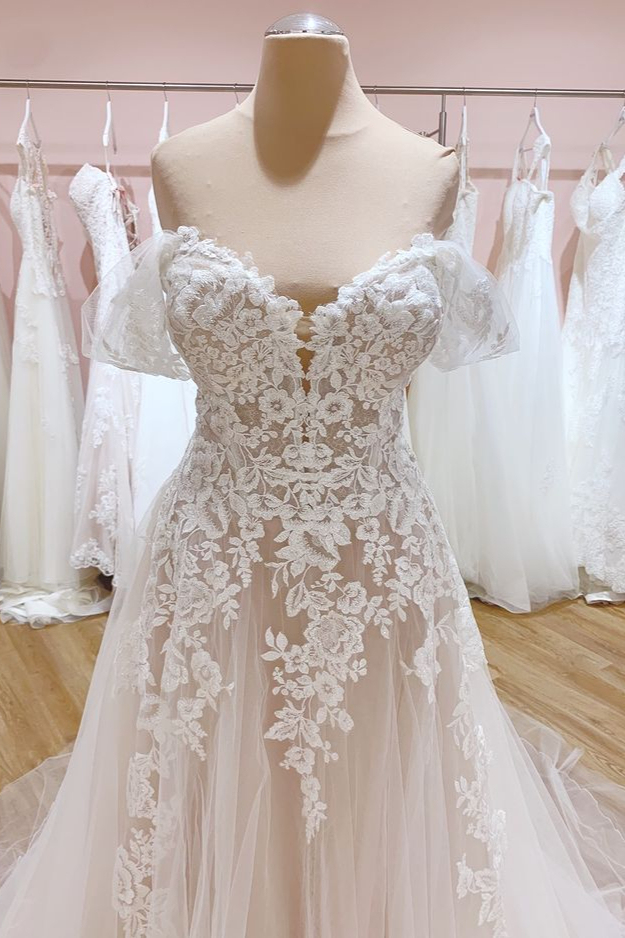 Romantic A-Line Off-the-Shoulder Train Wedding Dress with Sweetheart Backless Tulle