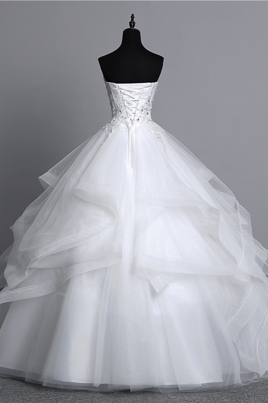 Gorgeous Strapless Tulle Layers Long Ball Gown Wedding Dress with Appliques Beadings