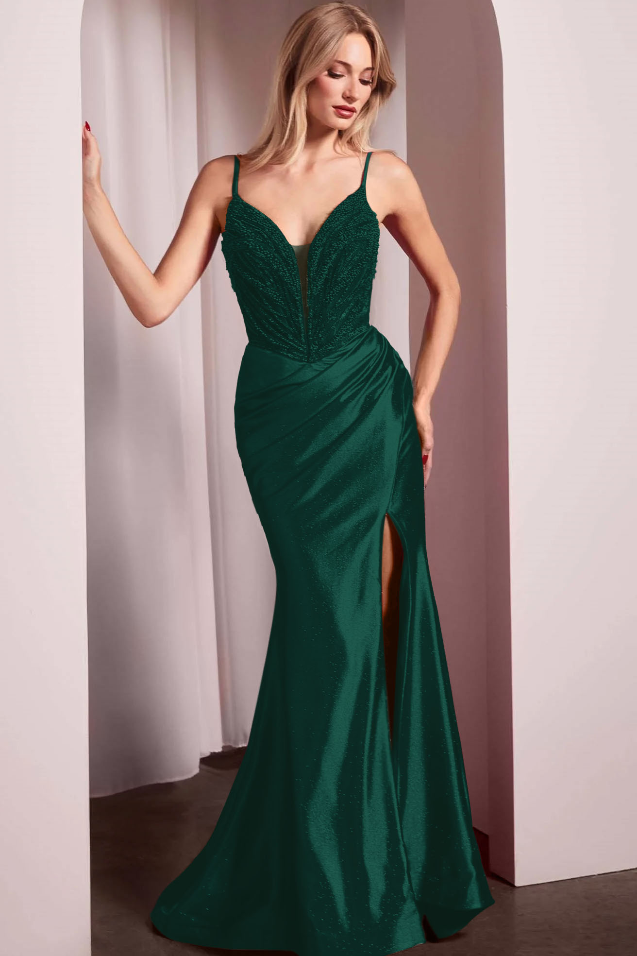 Spaghetti Strap Long Mermaid Formal Dress With Split Beading Pleated