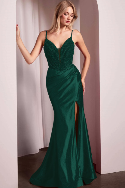 Spaghetti Strap Long Mermaid Formal Dress With Split Beading Pleated
