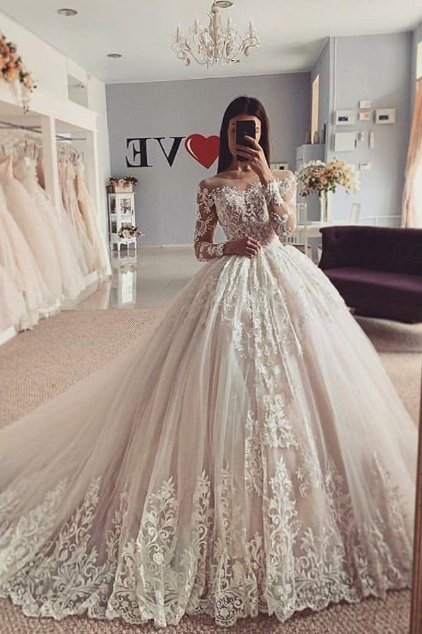 Modern Bateau Long Sleeves A-Line Floor-Length Appliques Lace Wedding Dress with Tulle