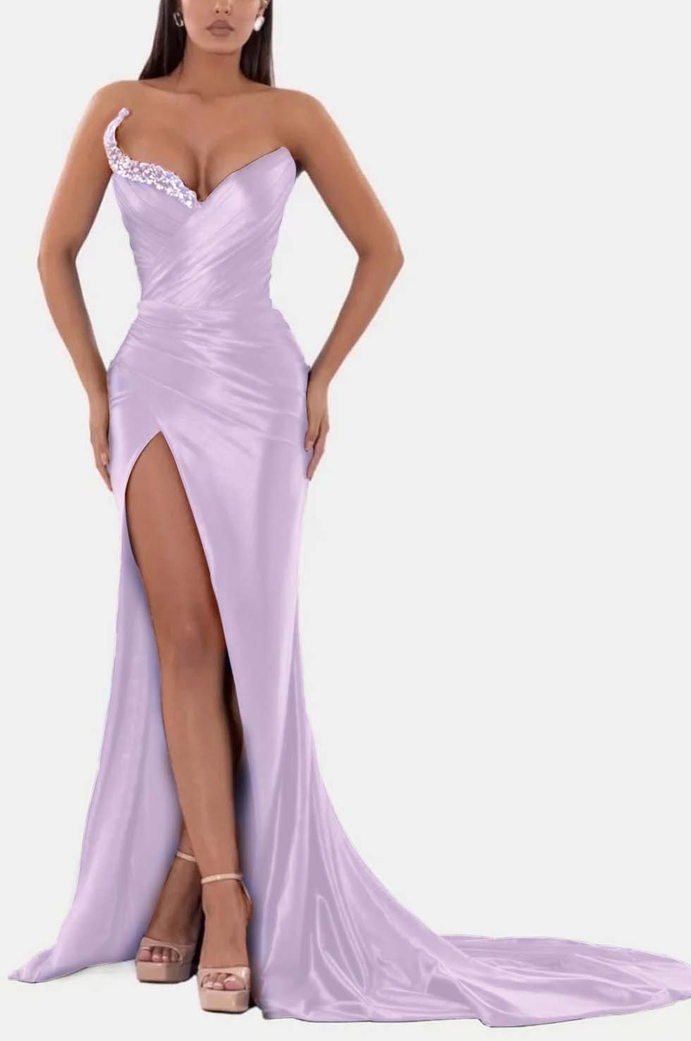 Sexy Royal Blue Formal Dress V Neck With High Slit Pleated Strapless Sleeveless