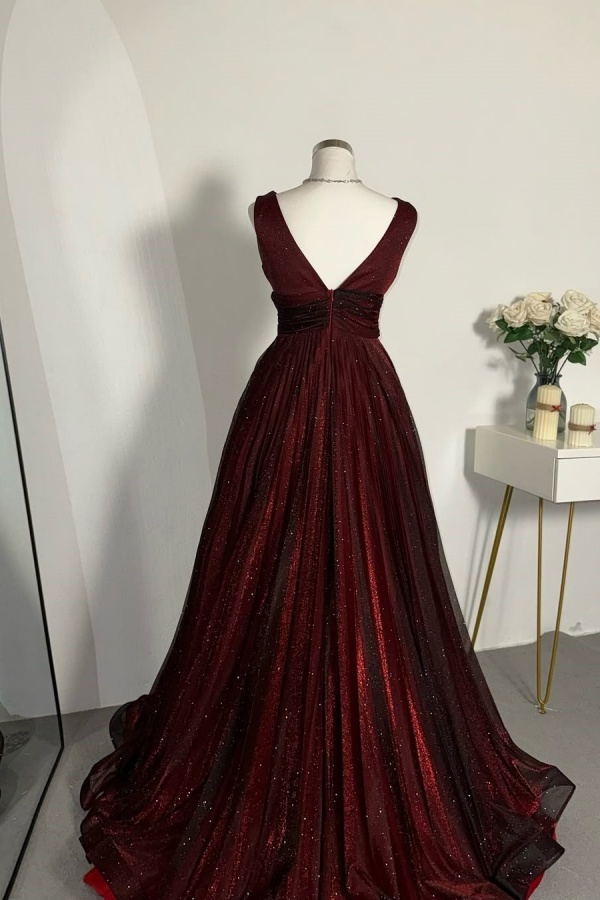 Red Black V-Neck Glittery Evening Dress