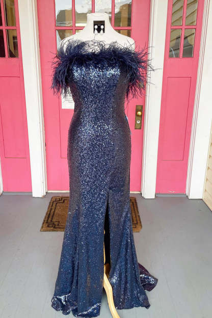 Light Blue Mermaid Prom Dress with Sequins and Feathers Strapless Long Style