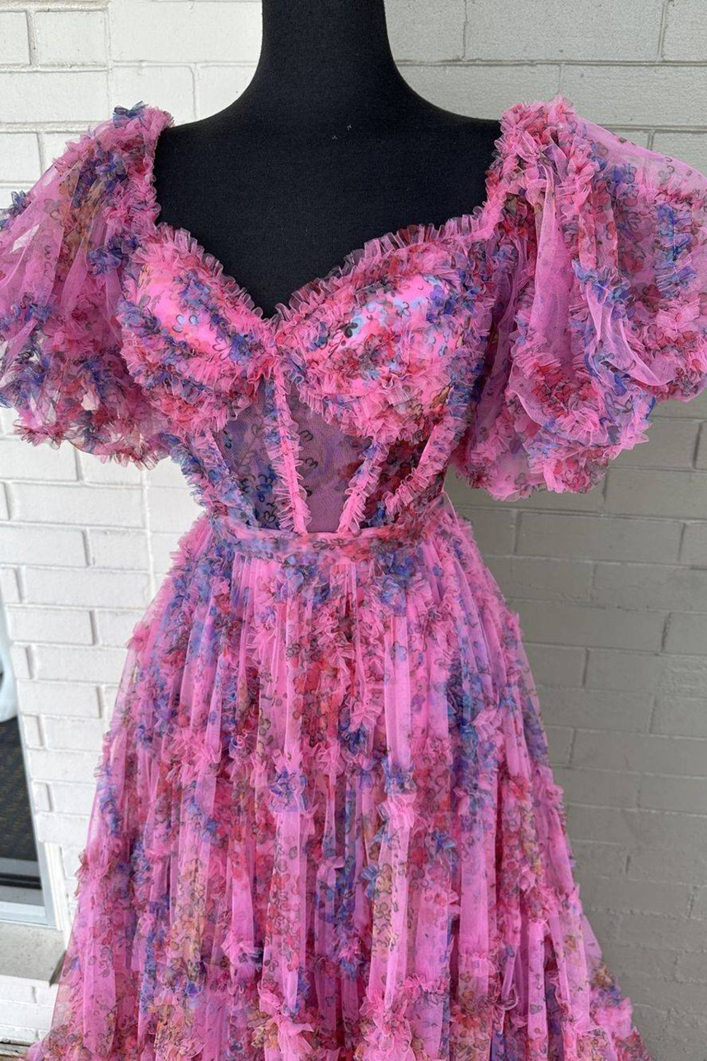 A Line Sweetheart Fuchsia Floral Printed Long Prom Dress with Short Sleeves �?Simply Unforgettable