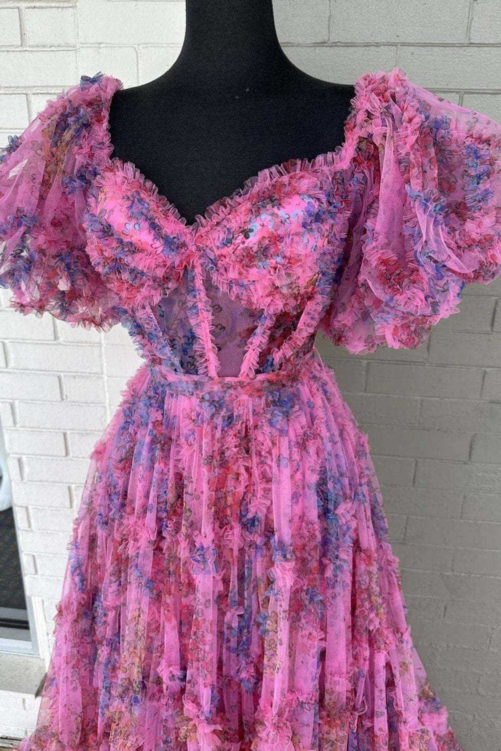 A Line Sweetheart Fuchsia Floral Printed Long Prom Dress with Short Sleeves �?Simply Unforgettable