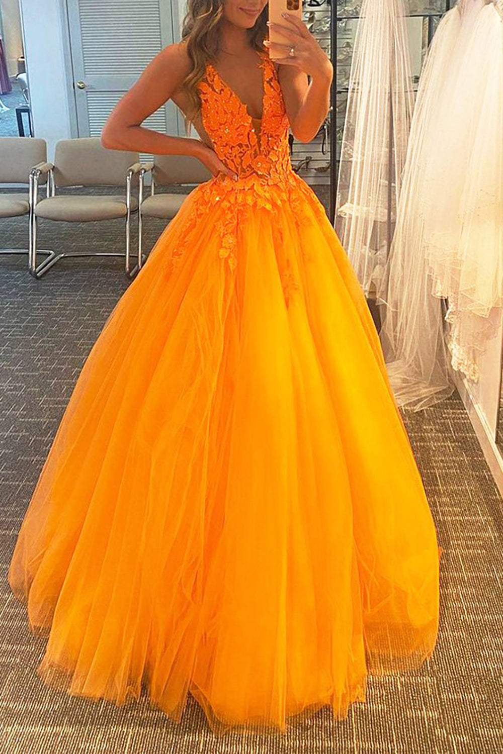 Orange V-Neck A-Line Prom Dress Featuring Appliques