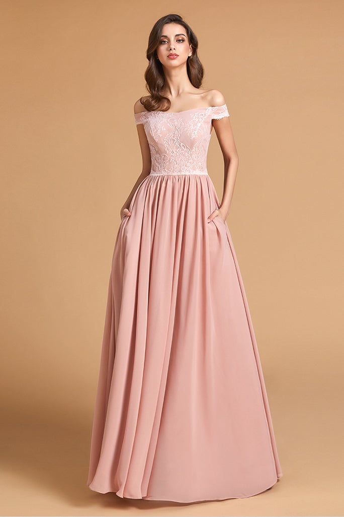 Dusty Rose Off-the-Shoulder Lace Bridesmaid Dress with Pockets