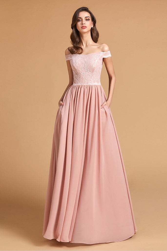 Dusty Rose Off-the-Shoulder Lace Bridesmaid Dress with Pockets