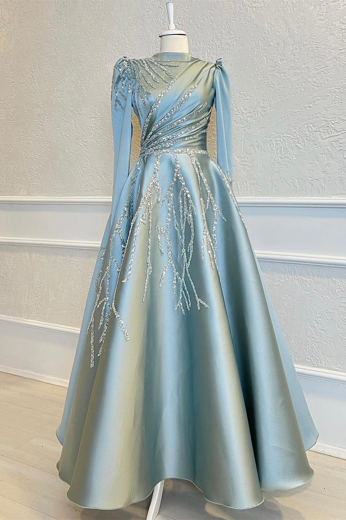 High Collar Long Sleeves A Line Beads Formal Dress With Pleated Appliques