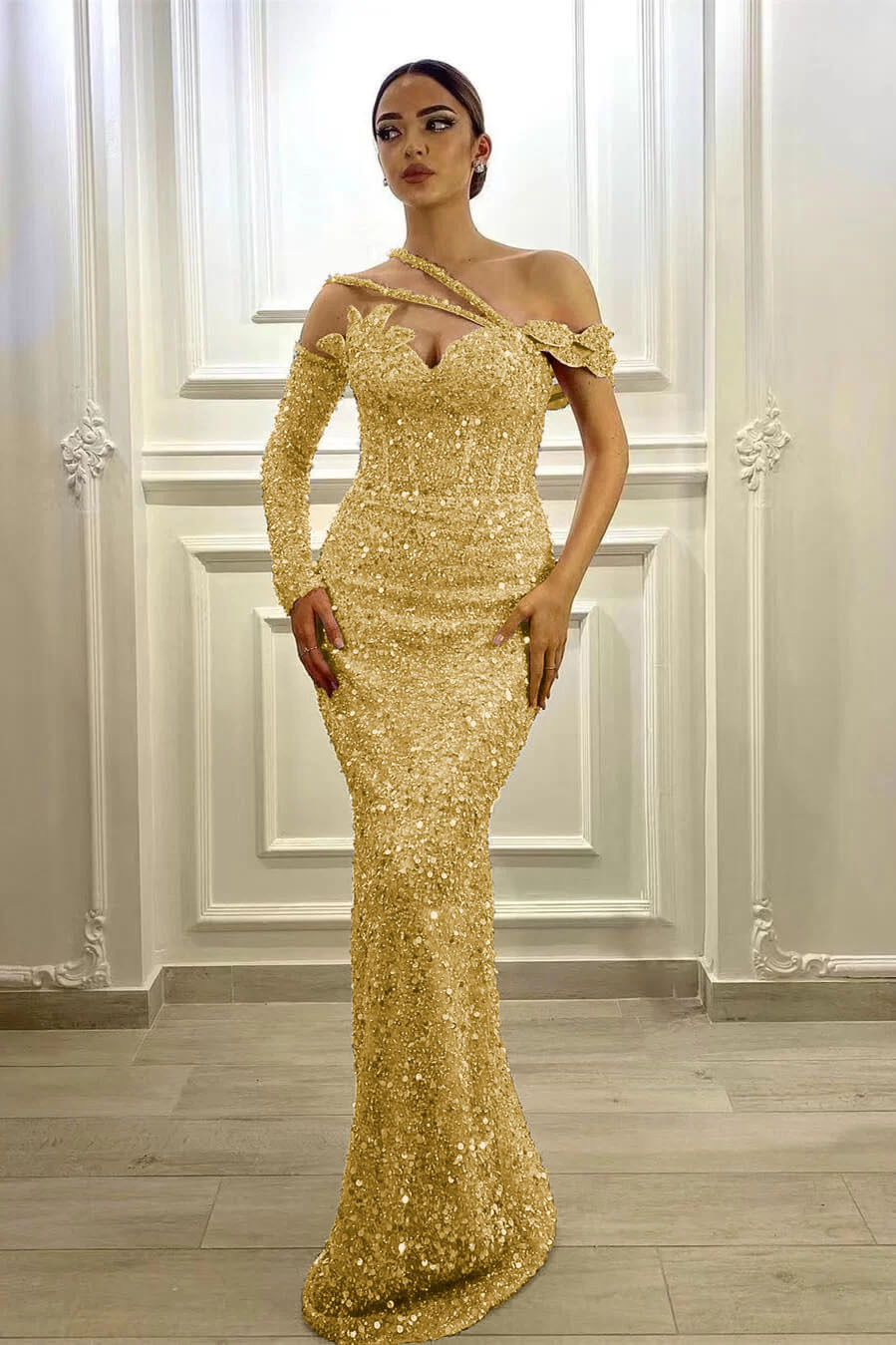 Gorgeous Long Sleeves One Shoulder Lavender Formal Dress Mermaid With Sequins