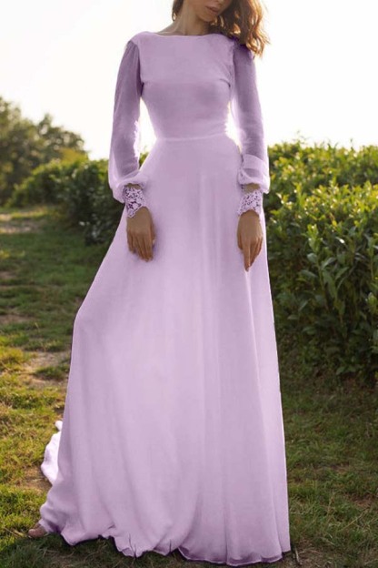 Tulle Bateau Long Sleeves Boho Wedding Dress A-Line Open Back