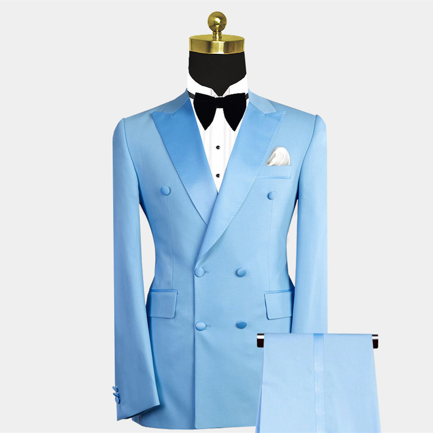 Blue Double-Breasted Wedding Suit for Men with Peaked Lapel