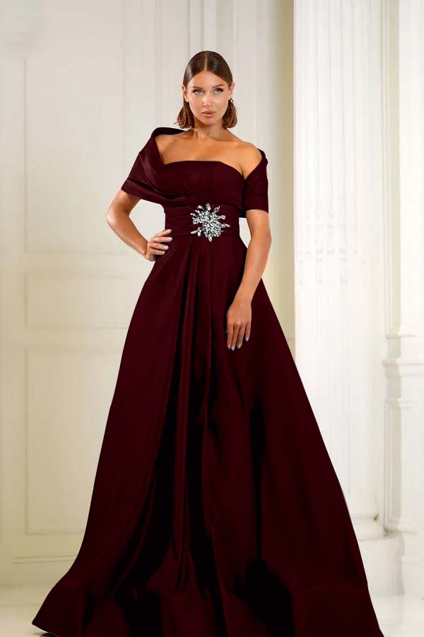 Off the Shoulder Sleeveless Long Formal Dress With Pleated Beading
