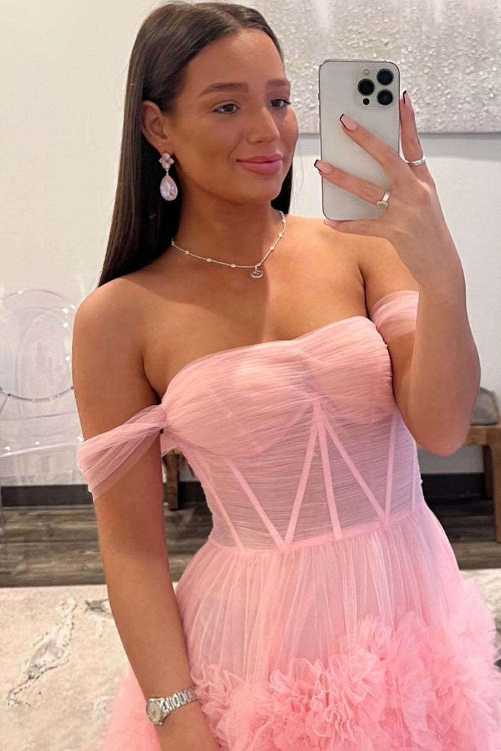 Pink Off-the-Shoulder Princess Corset Prom Dress with A-Line Ruffles