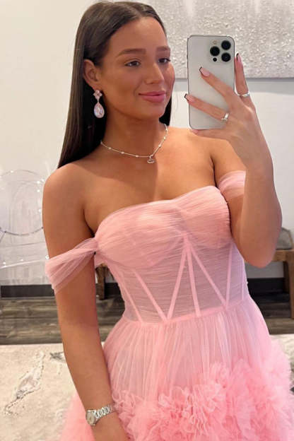 Pink Off-the-Shoulder Princess Corset Prom Dress with A-Line Ruffles