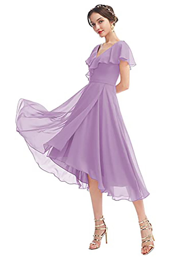 V-Neck Short Sleeve Ruffles Bridesmaid Dress