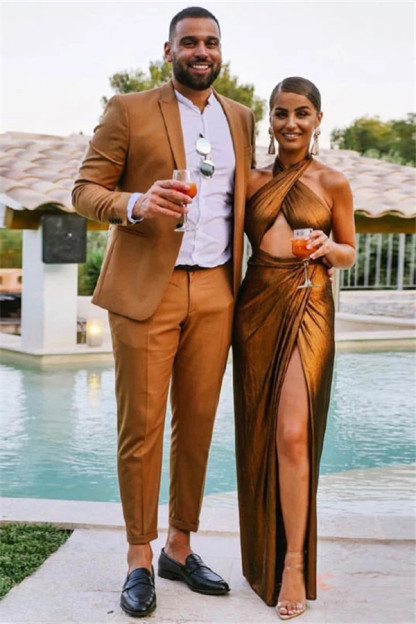 Elegant Brown One-Button Reception Suit for Groom Peaked Lapel
