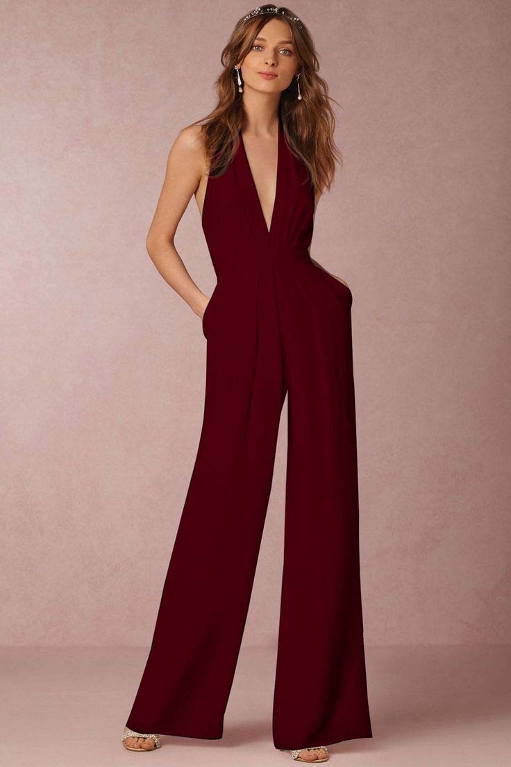 Casual Black Deep V-Neck Halter Long Daily Jump Suit
