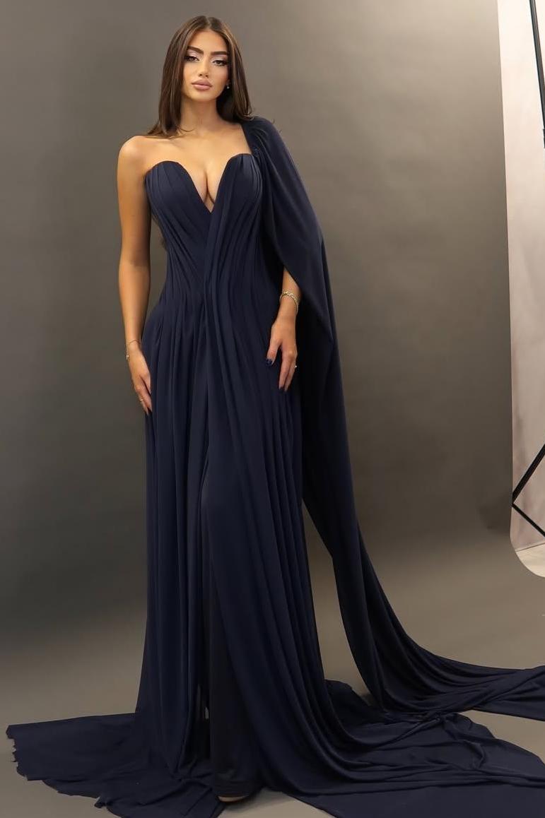 One Shoulder Sleeveless Long Formal Dress With Pleated Ruffles