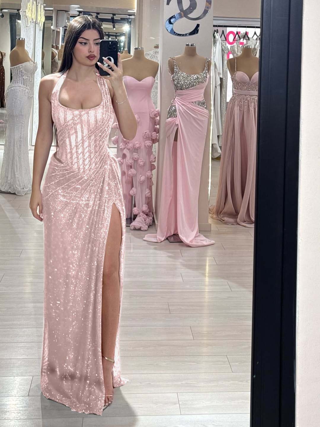 Sequins Halter Sleeveless Long Mermaid Formal Dress With Split