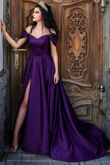 Long Purple Prom Dress with Off-the-Shoulder Neckline and Front Split