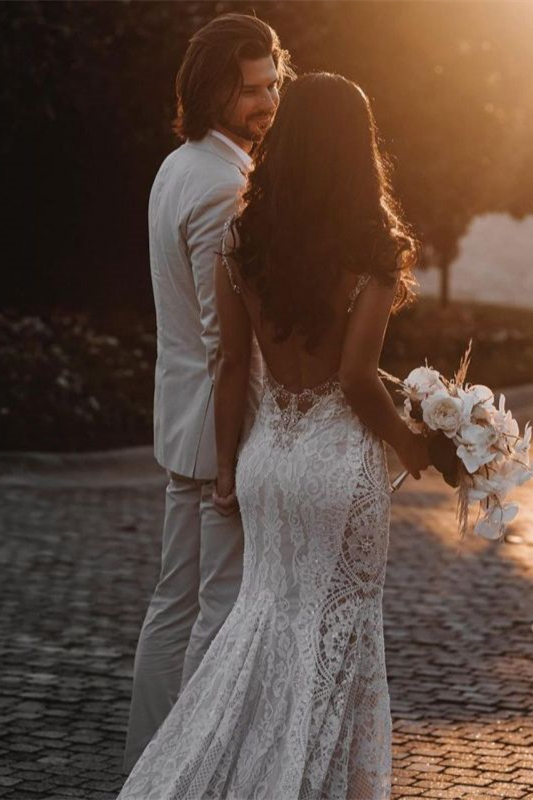 Sheer Straps Chapel Mermaid Train Lace Wedding Dress with Beadings