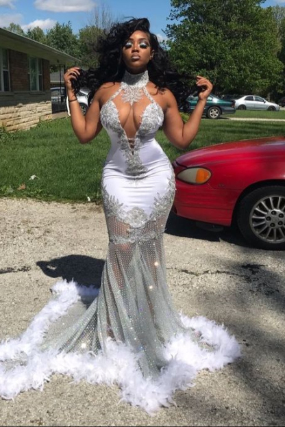 Halter Neck Mermaid Long Formal Dress Waist Skimming With Appliques Feathers