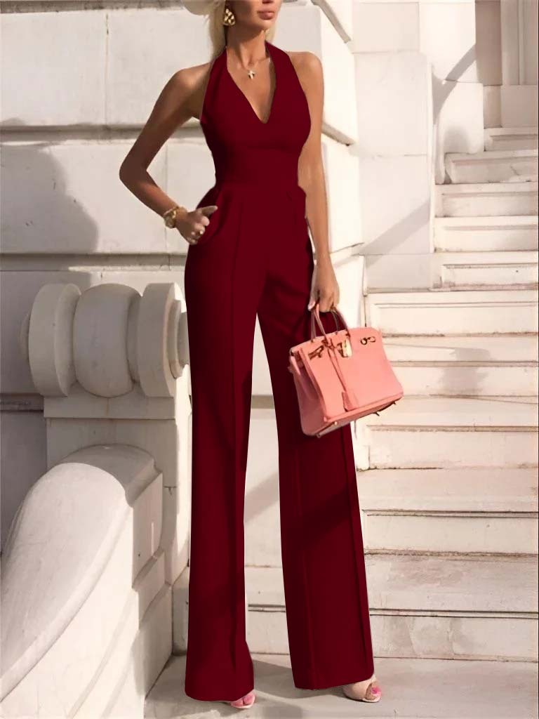White Slim Fit Halter V-Neck Jumpsuit High-Waist Daily Women's Jump Suit