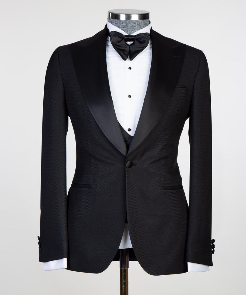 Edmund New Arrival Black Satin Peaked Lapel Men's Suits with Three-Piece