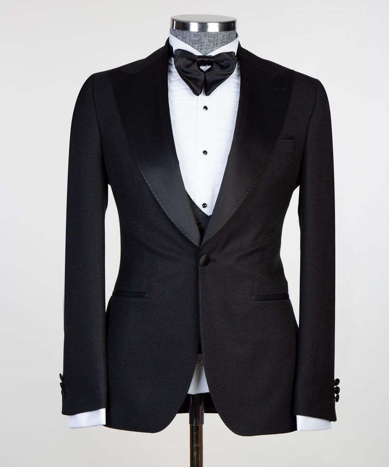 Edmund New Arrival Black Satin Peaked Lapel Men's Suits with Three-Piece
