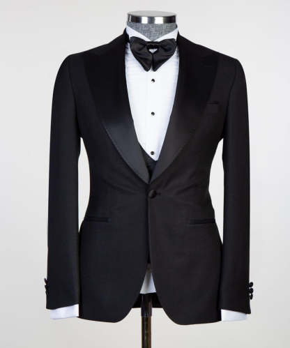 Edmund New Arrival Black Satin Peaked Lapel Men's Suits with Three-Piece