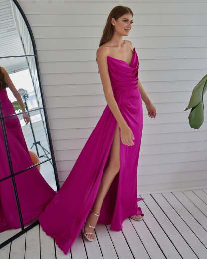Fashionable Satin Maxi Strapless Wedding Guest or Prom Dress