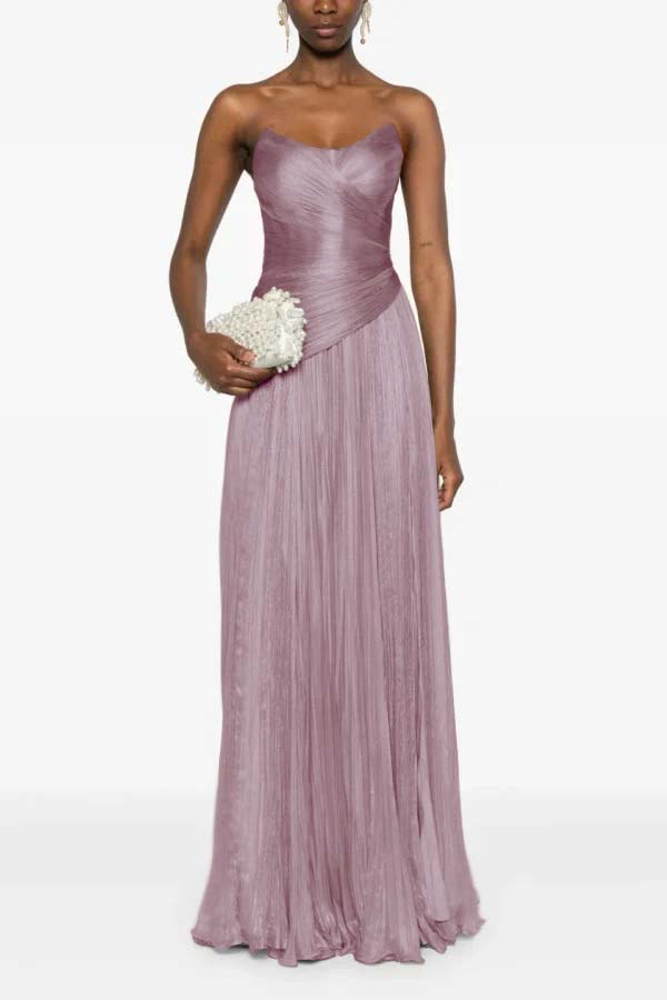 Chic Strapless Sleeveless Long Formal Dress With Ruffles Pleated