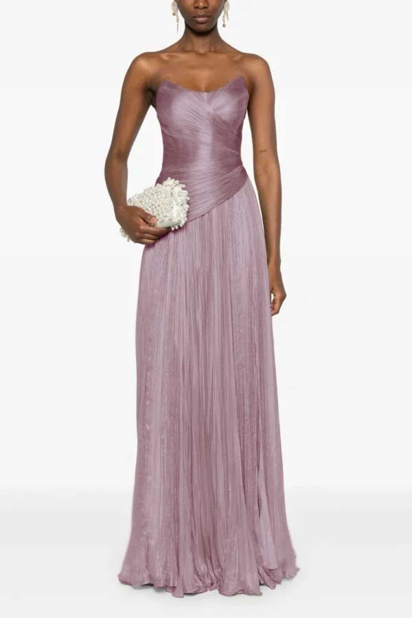 Chic Strapless Sleeveless Long Formal Dress With Ruffles Pleated