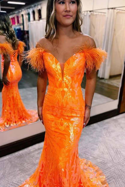 Fuchsia Long Prom Dress with Feathers in a Mermaid Off-the-Shoulder Style