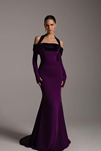 Off the Shoulder Long Sleeves Mermaid Long Formal Dress With Pleated